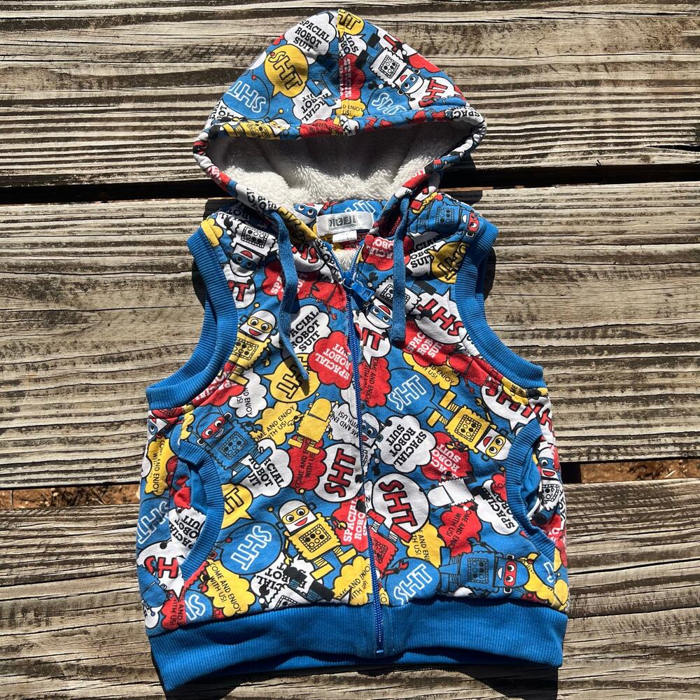 Boys Hooded Fleece Vest Toddler 2T Robot Print Faux Fur Lined Zip Winter Layer
